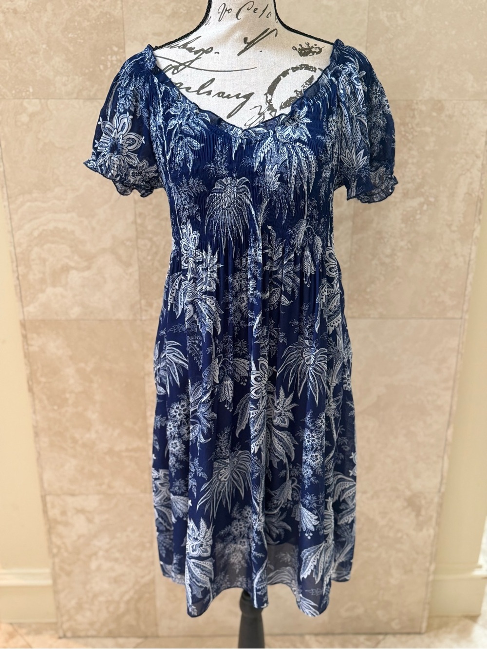 Sunny Leigh Navy Blue White Tropical Print Puff Sleeve Mini Dress Size S EUC